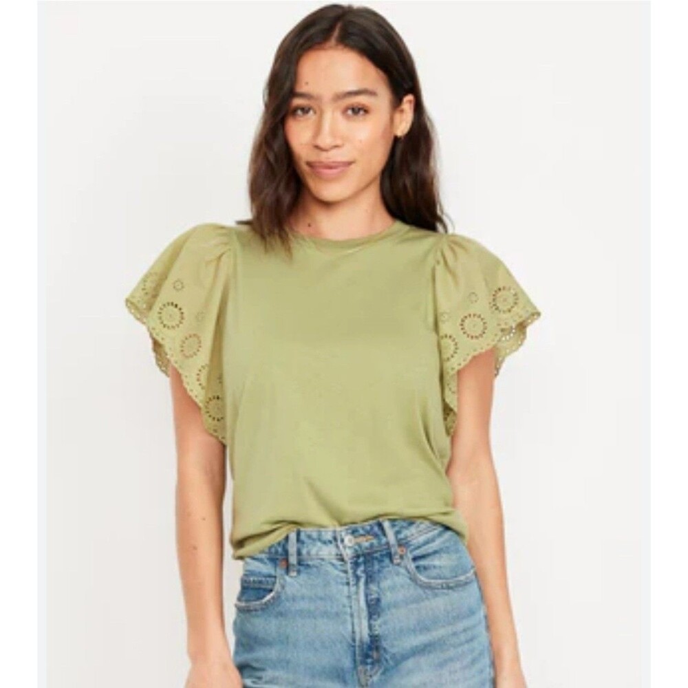 Old Navy Sz 2X Plus Size T-Shirt Top Lime Green Womens Cut Work Flutter Sleeve